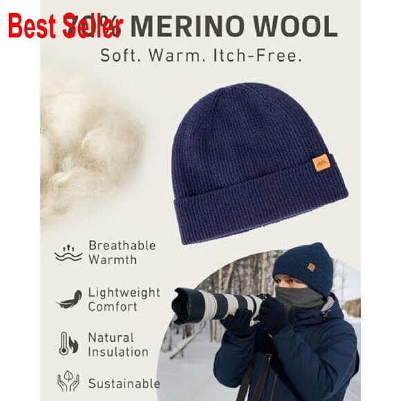 Merino Wool Fleece-Lined Beanie Warm Winter Hat Unisex Classic Hiking Skiing main image 7